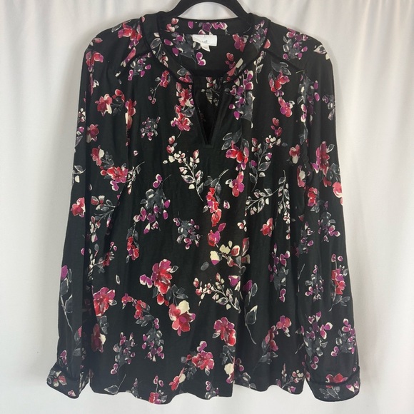 J Jill Floral Black and Pink Women's Top Velvet-Piped Top - Picture 6 of 17